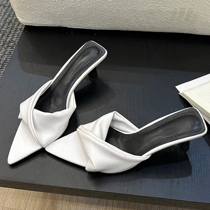 Aneikeh Black Pleated Denim Peep Toe Shallow String Bead Square Heel Slip-On Concise Sandals Women Shoes Spring/Autumn NEW 2024