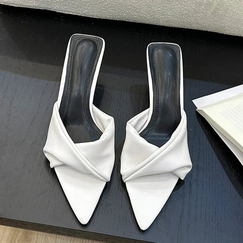 Aneikeh Black Pleated Denim Peep Toe Shallow String Bead Square Heel Slip-On Concise Sandals Women Shoes Spring/Autumn NEW 2024