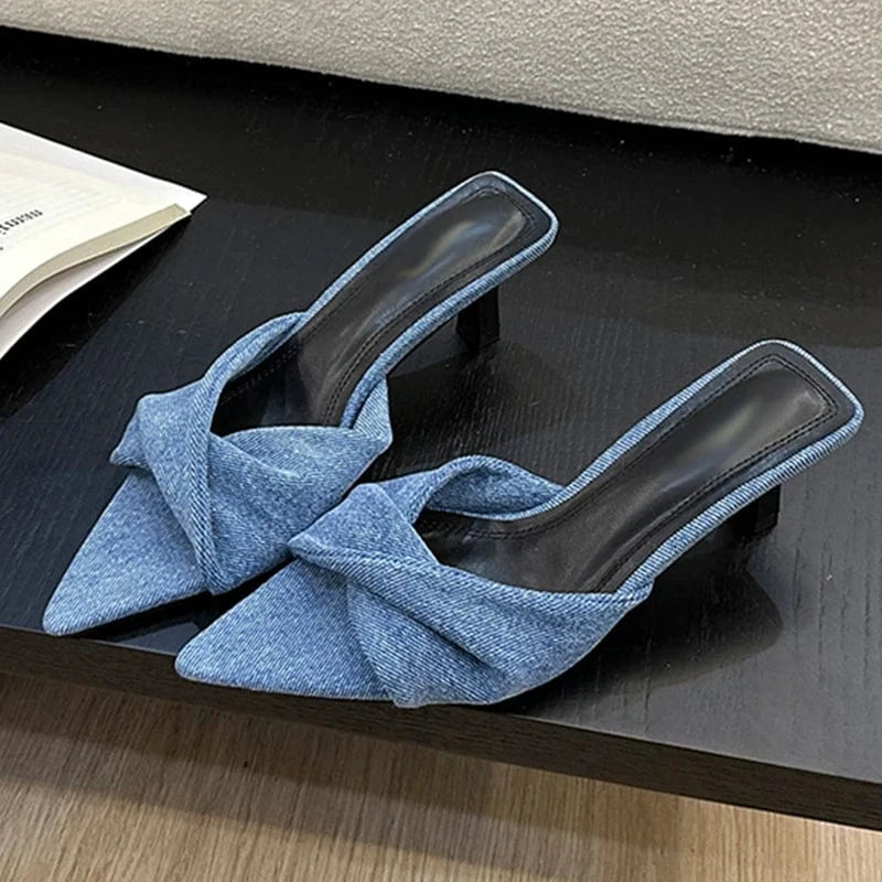 Aneikeh Black Pleated Denim Peep Toe Shallow String Bead Square Heel Slip-On Concise Sandals Women Shoes Spring/Autumn NEW 2024