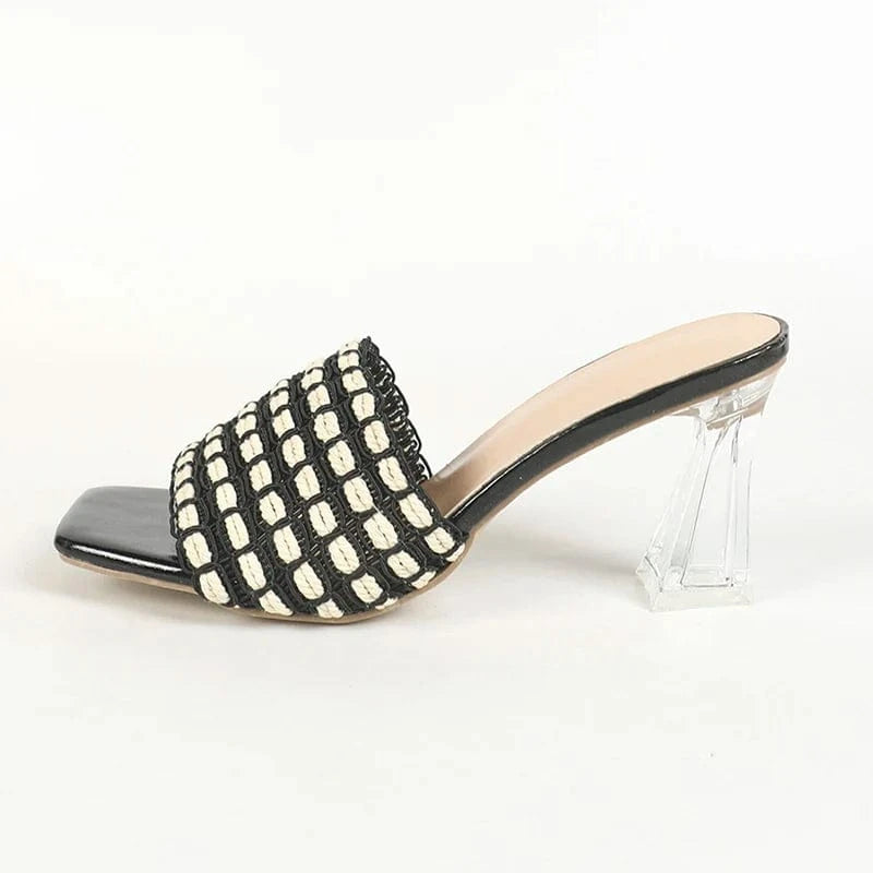 Aneikeh Black Sewing Concise Heels Leisure Checkered Slip-On Shallow Fashion PU Square Toe Spike Heels Sandals For Women's 2024