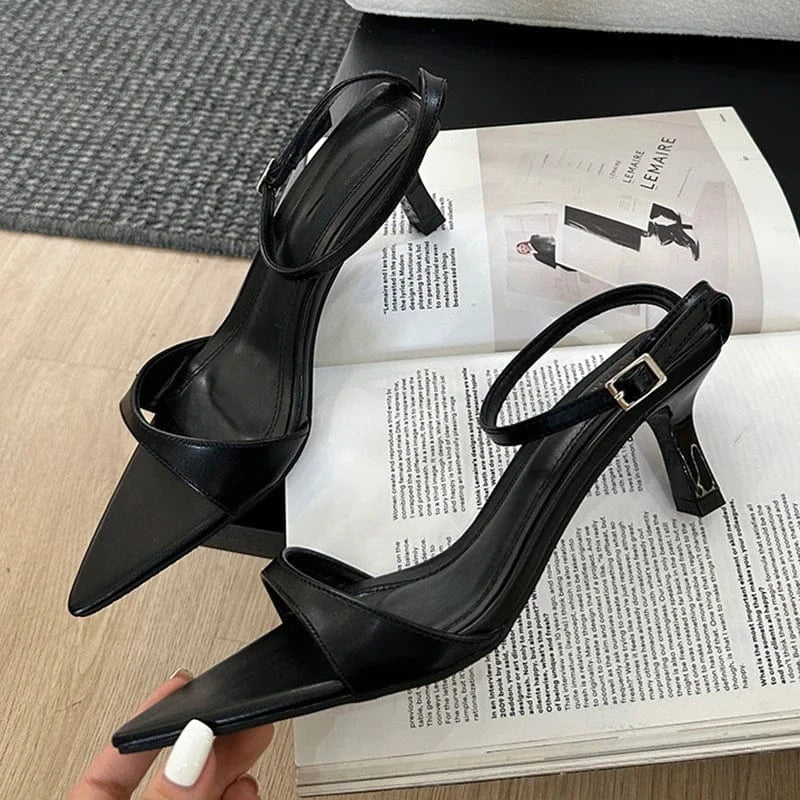 Aneikeh Buckle Strap Sandalias Mujer T-Tied Concise Ethnic Lace PU Shallow High Heels Women Sandals Shoes Party Heels Summer NEW