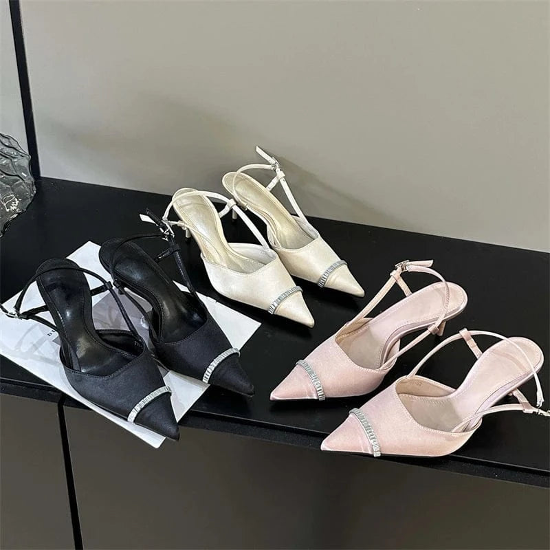 Aneikeh Fashion Black Bling Sewing Office & Career Women Shallow Pointed Toe Retro Slip-On Sandals Pumps NEW Summer Lady Shoes