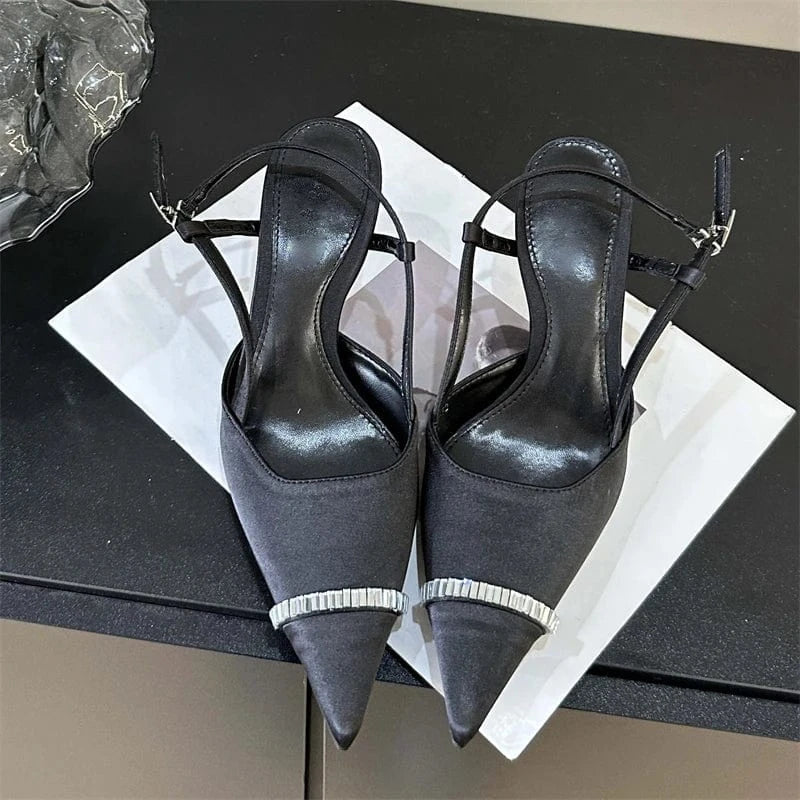 Aneikeh Fashion Black Bling Sewing Office & Career Women Shallow Pointed Toe Retro Slip-On Sandals Pumps NEW Summer Lady Shoes