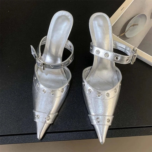 Aneikeh Fashion Black Sewing Mary Jane Chain Buckle Women Shallow Pointed Toe Hollow Slip-On Sandals Pumps NEW Summer Lady Shoes