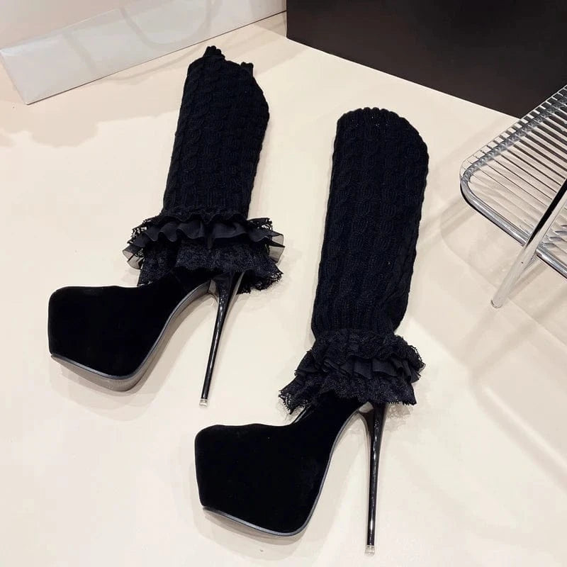 Aneikeh Flock Striptease Steel Pipe Boots Party Wedding 2024 Fashion Sexy Platform Super High Heels Knee High Modern Boots Women