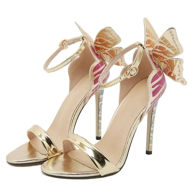 Aneikeh Gold Summer Shallow Party Dress Buckles Mixed Colors Pumps Shoes Crystal Butterfly-Knot White High Heels Women Sandals