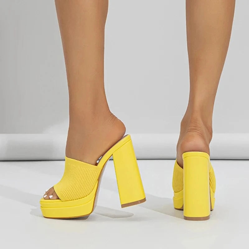 Aneikeh Nude Party Dress Mules Sandals Shoes Summer Sexy Knitted Woolen Chunky Platform Sandal Heels Women Peep Toe High Heel