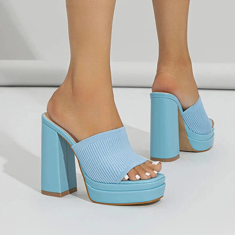 Aneikeh Nude Party Dress Mules Sandals Shoes Summer Sexy Knitted Woolen Chunky Platform Sandal Heels Women Peep Toe High Heel