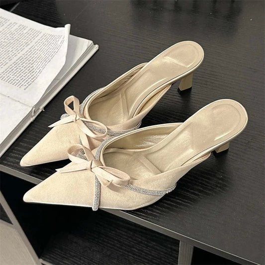 Aneikeh Party Bling Slip-On Butterfly-Knot Sweet Solid Flock Slingback Women Shoes Pointed Toe Leisure Shallow Shoes Fashion