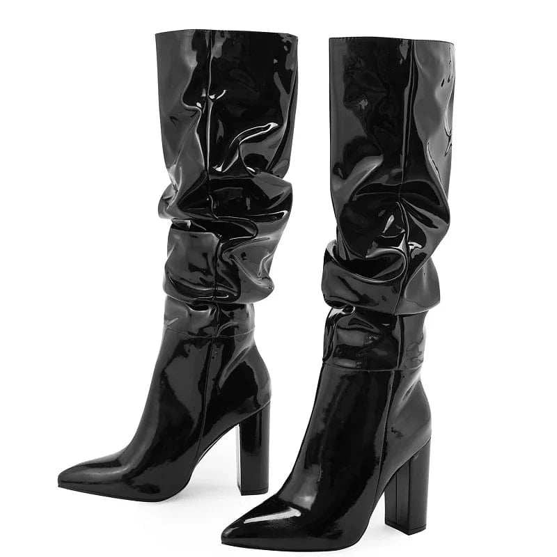 Aneikeh PU Fashion Pleated Solid Color Panel Thick Heel Boot Pointed Chelsea Women Knee-High Knee Long Boots Spring Autumn 2024