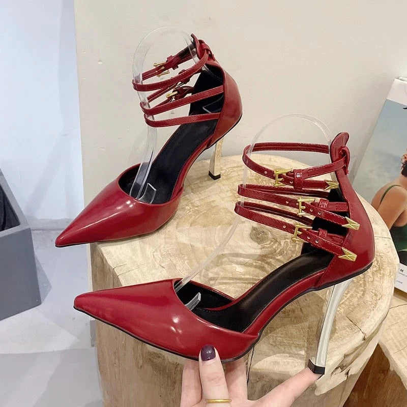 Aneikeh PU Pointed Narrow Band Buckle Strap Thin Pumps Party Wedding Zapatos NEW 2024 Elegant Sexy Side Empty High Heels Women's