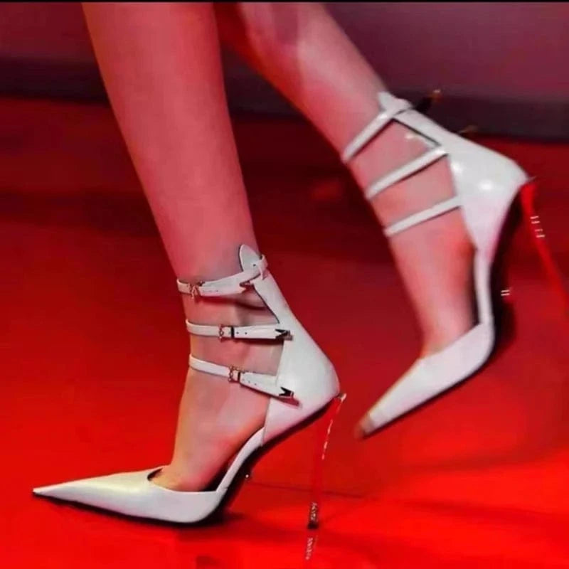 Aneikeh PU Pointed Narrow Band Buckle Strap Thin Pumps Party Wedding Zapatos NEW 2024 Elegant Sexy Side Empty High Heels Women's