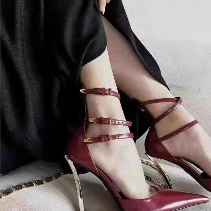 Aneikeh PU Pointed Narrow Band Buckle Strap Thin Pumps Party Wedding Zapatos NEW 2024 Elegant Sexy Side Empty High Heels Women's