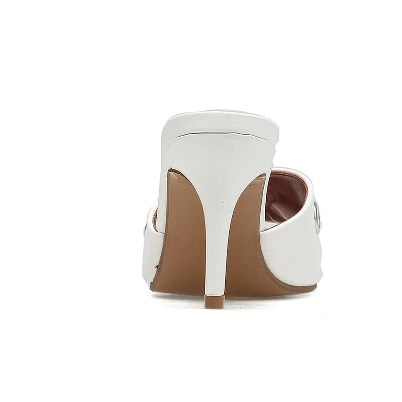 Aneikeh Retro Shallow Fashion Denim Metal Women Mules Sandals Pumps  Party Sexy  Pointed Toe Stiletto High Heels Summer Shoes