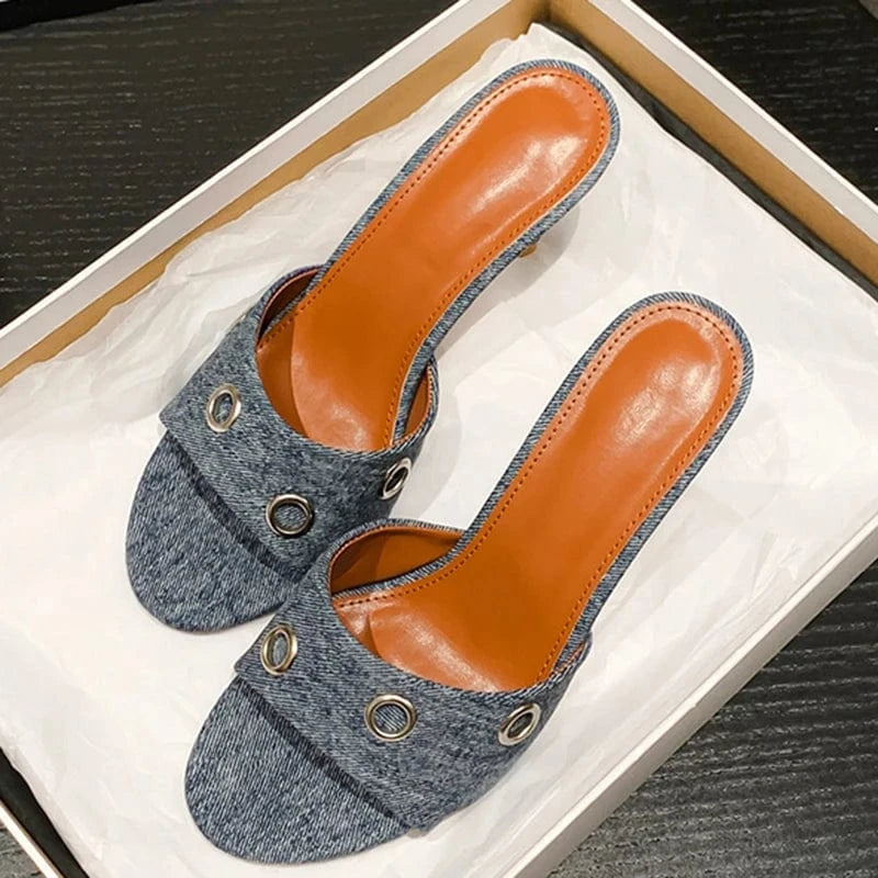 Aneikeh Retro Shallow Fashion Denim Metal Women Mules Sandals Pumps  Party Sexy  Pointed Toe Stiletto High Heels Summer Shoes