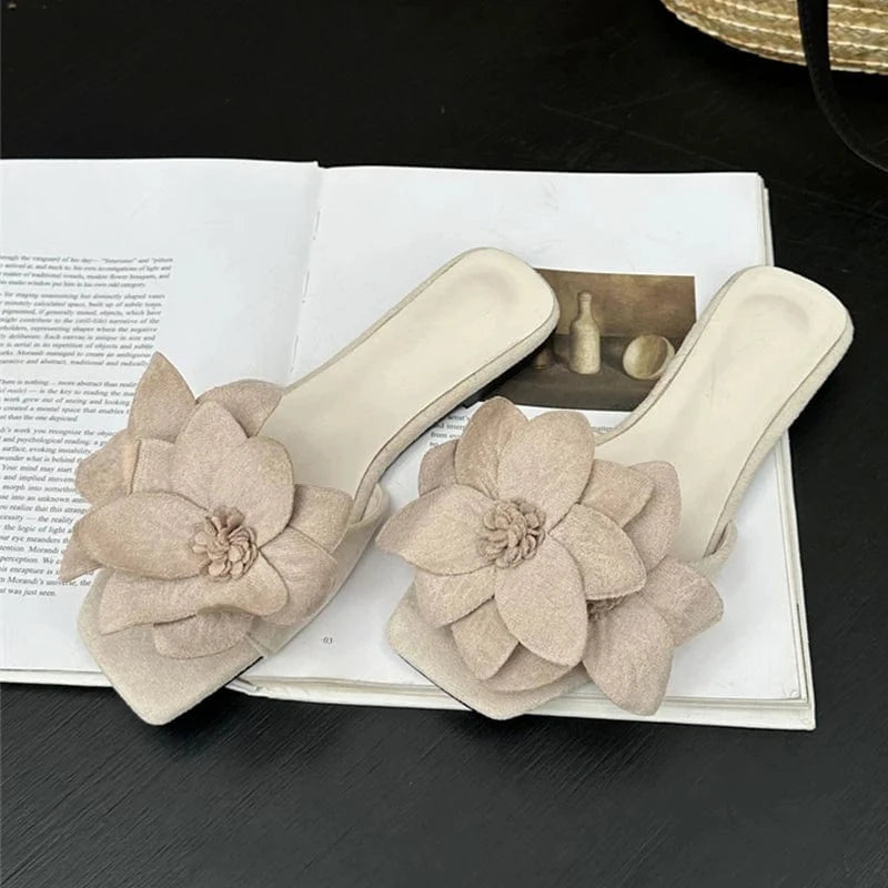 Aneikeh Rose Red Women PU Outdoor Anti Slip Sandals Simple Leisure Shallow Fashion Flower Square Toe Flats Slippers 2023 Summer