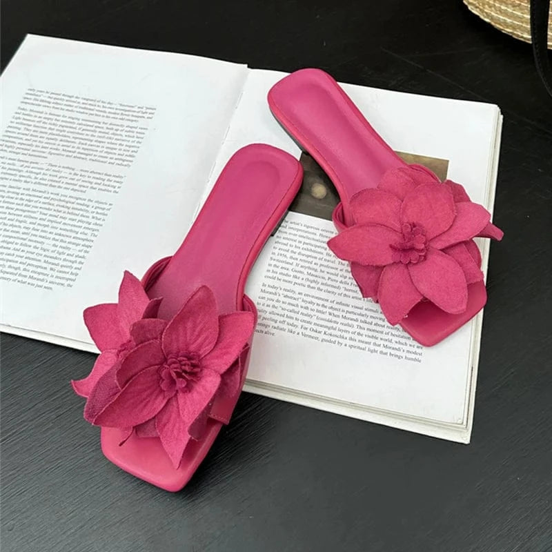 Aneikeh Rose Red Women PU Outdoor Anti Slip Sandals Simple Leisure Shallow Fashion Flower Square Toe Flats Slippers 2023 Summer