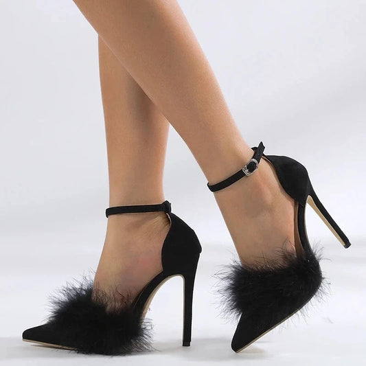 Aneikeh Sewing Flock Buckle Strap Party Solid Slingback Pumps Women Shoes Pointed Toe Shallow Shoes NEW Spring/Autumn Fashion