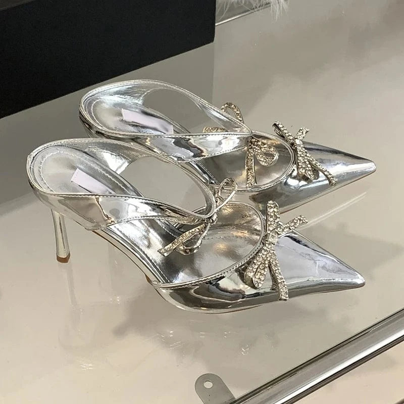 Aneikeh Sexy Grey Slip-On PU Pointed Slingbacks Single Shoe Shallow Wedding Dress Women Crystal Bow Stiletto Heels Summer 2023