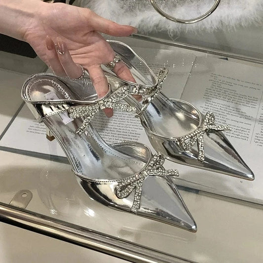 Aneikeh Sexy Grey Slip-On PU Pointed Slingbacks Single Shoe Shallow Wedding Dress Women Crystal Bow Stiletto Heels Summer 2023