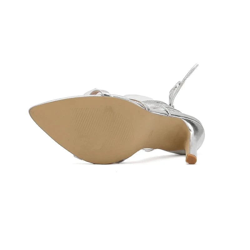 Aneikeh Silver Women's Shiny Modern High Heel Dress 2024 Fashion Elegant Embroider Butterfly-Knot Cross-Tied Lace Flower Sandals