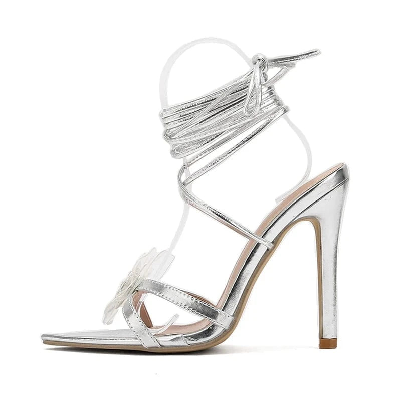 Aneikeh Silver Women's Shiny Modern High Heel Dress 2024 Fashion Elegant Embroider Butterfly-Knot Cross-Tied Lace Flower Sandals