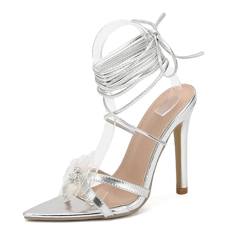 Aneikeh Silver Women's Shiny Modern High Heel Dress 2024 Fashion Elegant Embroider Butterfly-Knot Cross-Tied Lace Flower Sandals