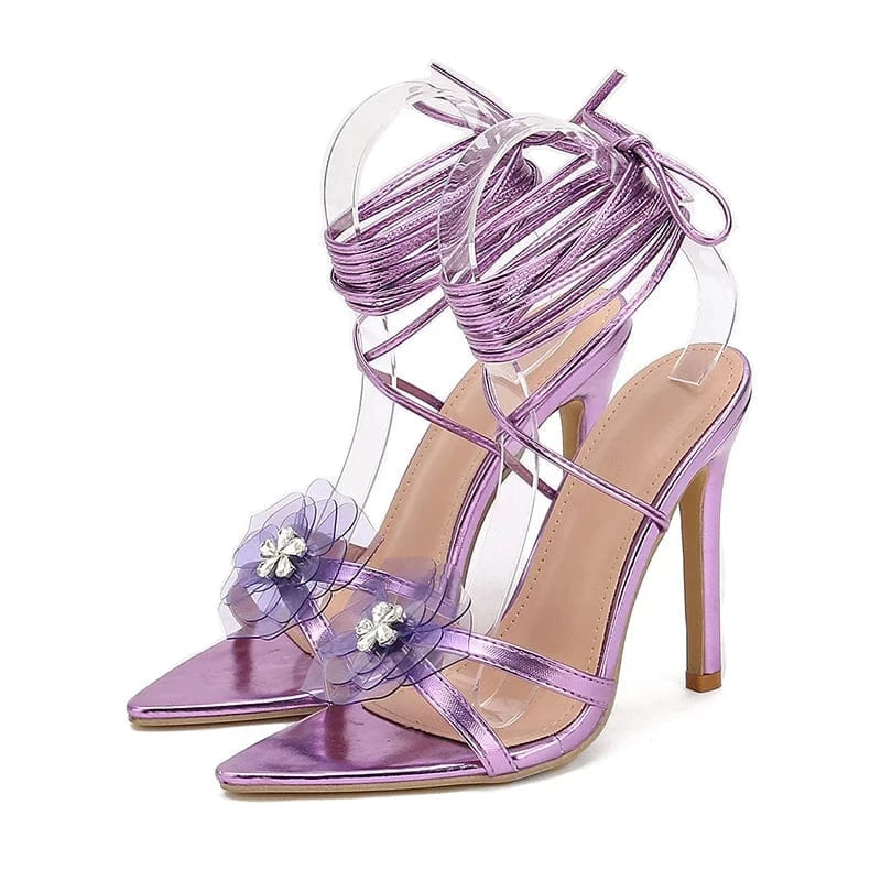 Aneikeh Silver Women's Shiny Modern High Heel Dress 2024 Fashion Elegant Embroider Butterfly-Knot Cross-Tied Lace Flower Sandals