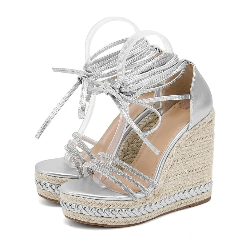 Aneikeh Silvery Lace-up 2024 Elegant Comfortable PU Crystal Wedges Shoes Women Platform Braid Open Toe Heel Ankle Strap Sandals