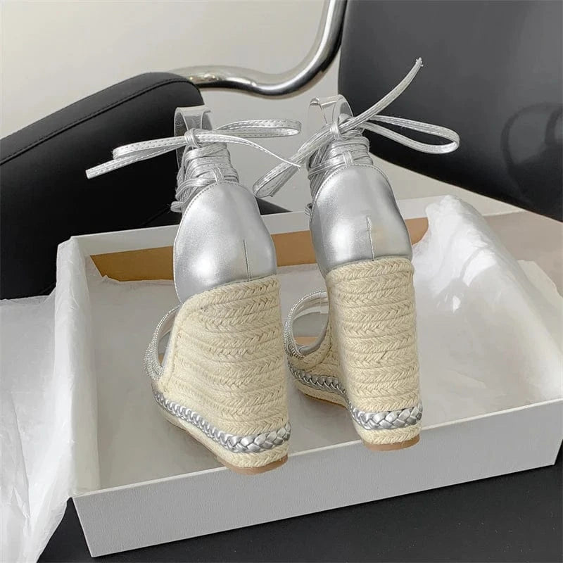 Aneikeh Silvery Lace-up 2024 Elegant Comfortable PU Crystal Wedges Shoes Women Platform Braid Open Toe Heel Ankle Strap Sandals
