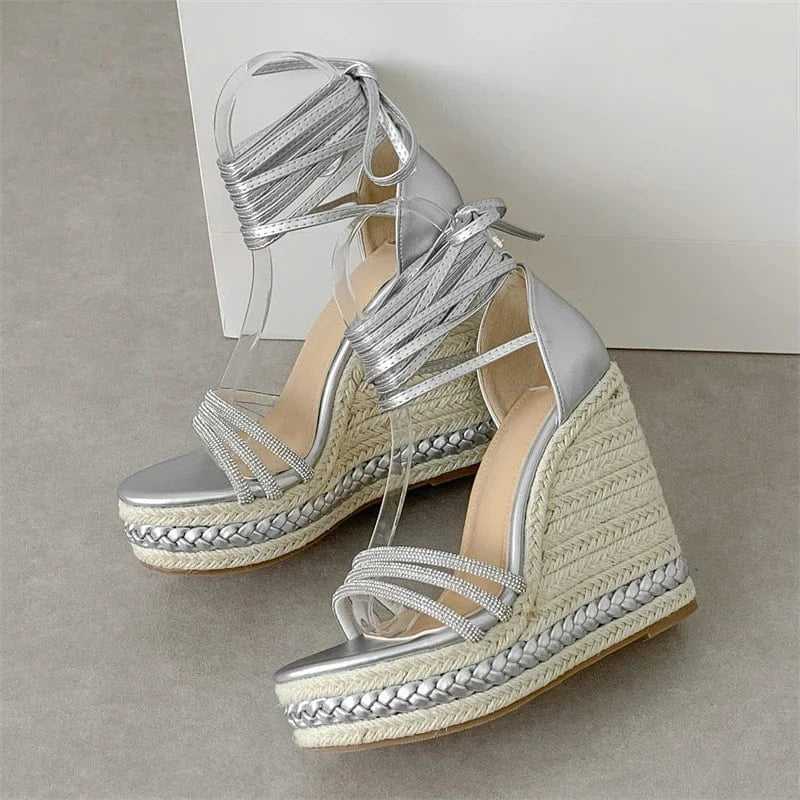 Aneikeh Silvery Lace-up 2024 Elegant Comfortable PU Crystal Wedges Shoes Women Platform Braid Open Toe Heel Ankle Strap Sandals