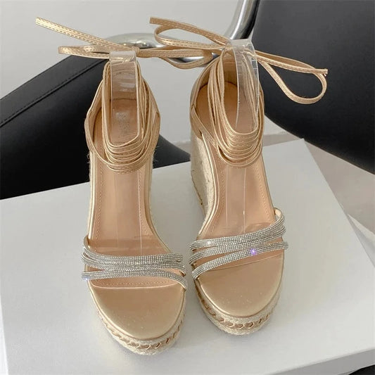 Aneikeh Silvery Lace-up 2024 Elegant Comfortable PU Crystal Wedges Shoes Women Platform Braid Open Toe Heel Ankle Strap Sandals