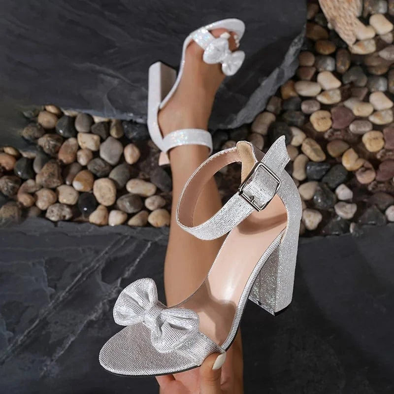 Aneikeh Solid Back Pack Heel Sequined Cloth Sewing PU Open Toe Thick heel Party Butterfly-Knot Buckle Strap Sandals Women Shoes