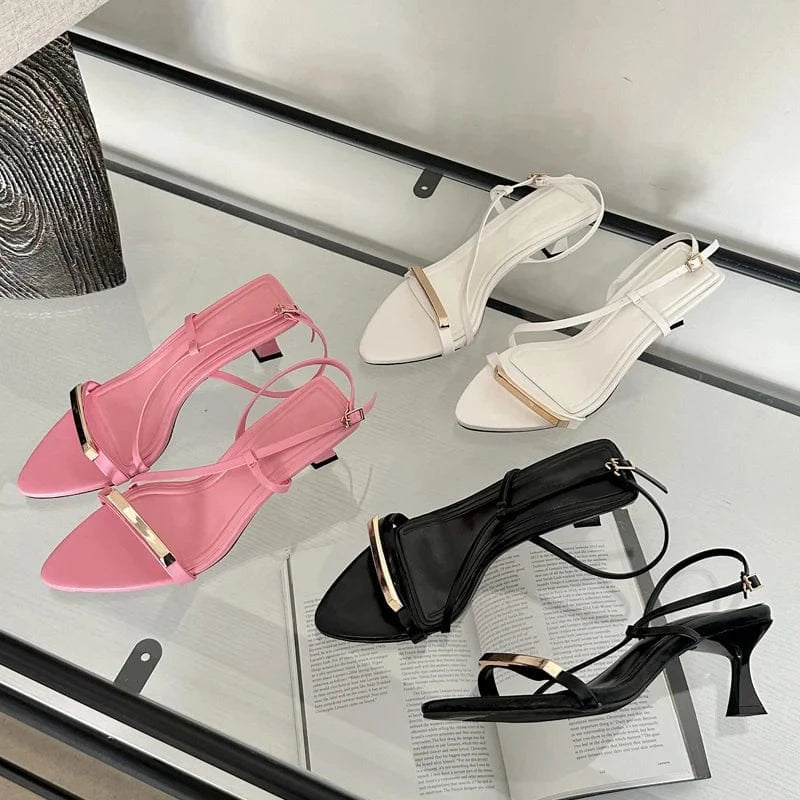 Aneikeh Solid Buckle Sewing PU Pointed Open Toe High Heels Party Zapatos Mujer Narrow Band Buckle Strap Sandals NEW Women Shoes