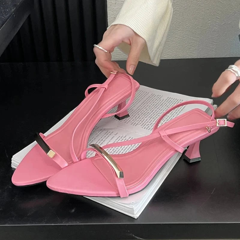 Aneikeh Solid Buckle Sewing PU Pointed Open Toe High Heels Party Zapatos Mujer Narrow Band Buckle Strap Sandals NEW Women Shoes