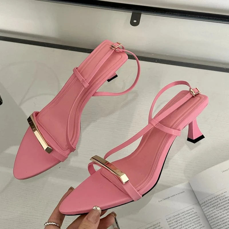 Aneikeh Solid Buckle Sewing PU Pointed Open Toe High Heels Party Zapatos Mujer Narrow Band Buckle Strap Sandals NEW Women Shoes