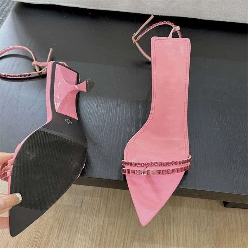 Aneikeh Solid Sewing Pointed Open Toe High Heels Party Buckle Strap Sandals High-heeled Crystal Bling T-Tied Women Shoes 2024