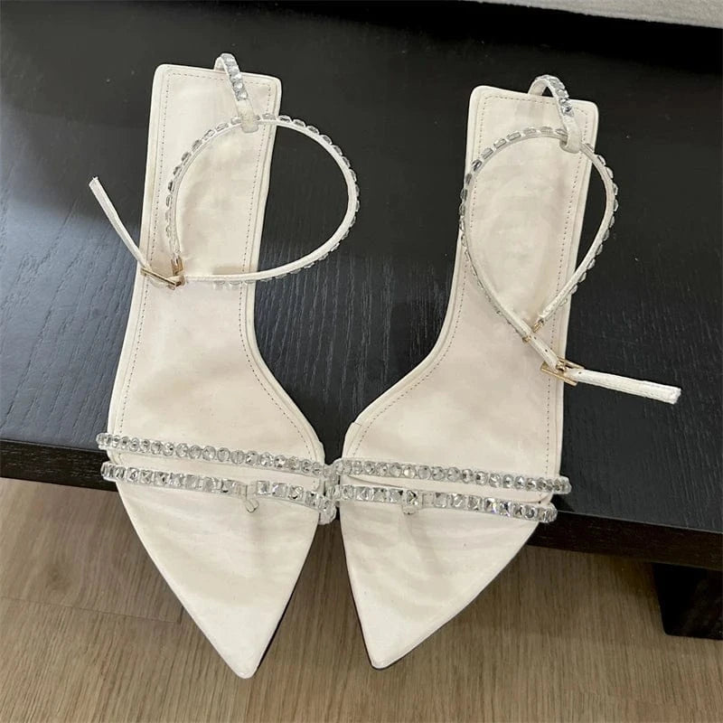 Aneikeh Solid Sewing Pointed Open Toe High Heels Party Buckle Strap Sandals High-heeled Crystal Bling T-Tied Women Shoes 2024