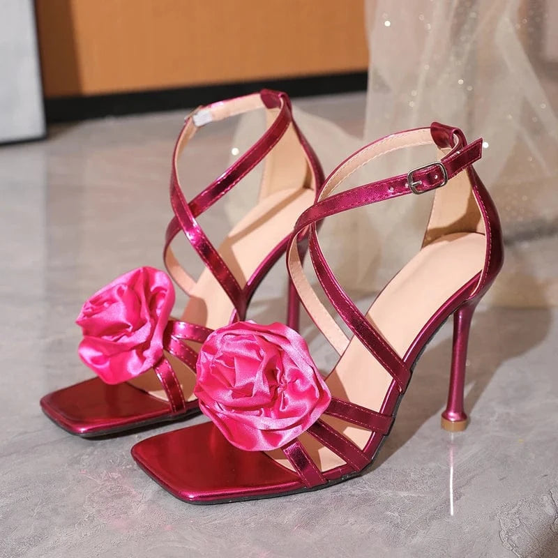 Aneikeh Square Toe Pleated Sweet Flower Buckle Wedding T-Tied Lace PU High Heels Women Sandals Shoes Party Heels 2024 New Summer