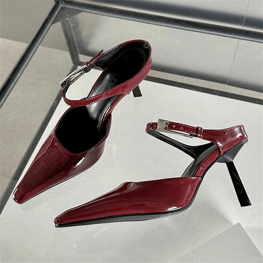 Aneikeh Wedding Elegant Buckle Flock Party Solid Slingback Women Shoes Thin Heels Pointed Toe Buckle Strap Shallow Shoes Fashion