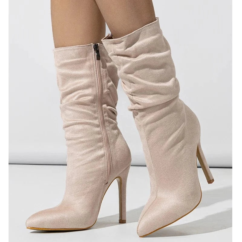 Aneikeh Wedding Pleated Flock Fashion Solid Platform Zipper Boots Women Winter Fashion Pointed Toe Thin High Heel Short Botas