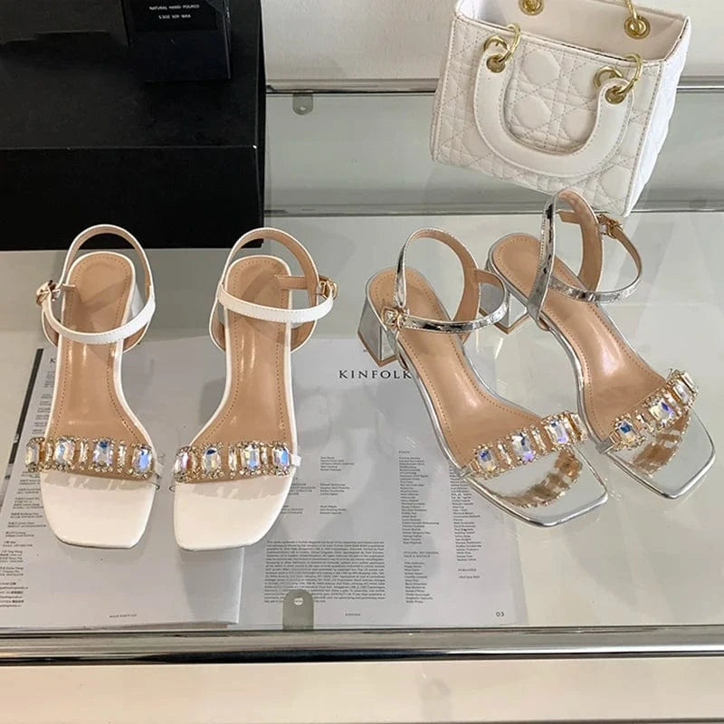 Aneikeh Women Patent Leather Buckle Lace Up Sandals Wedding Dress Summer Shiny Crystal Rhinestone Open Toe Thick Heels NEW 2023
