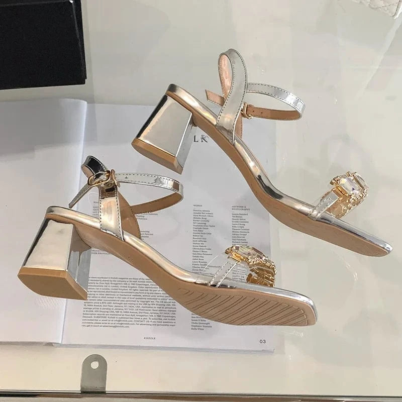 Aneikeh Women Patent Leather Buckle Lace Up Sandals Wedding Dress Summer Shiny Crystal Rhinestone Open Toe Thick Heels NEW 2023