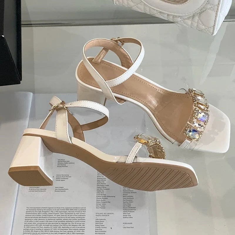 Aneikeh Women Patent Leather Buckle Lace Up Sandals Wedding Dress Summer Shiny Crystal Rhinestone Open Toe Thick Heels NEW 2023