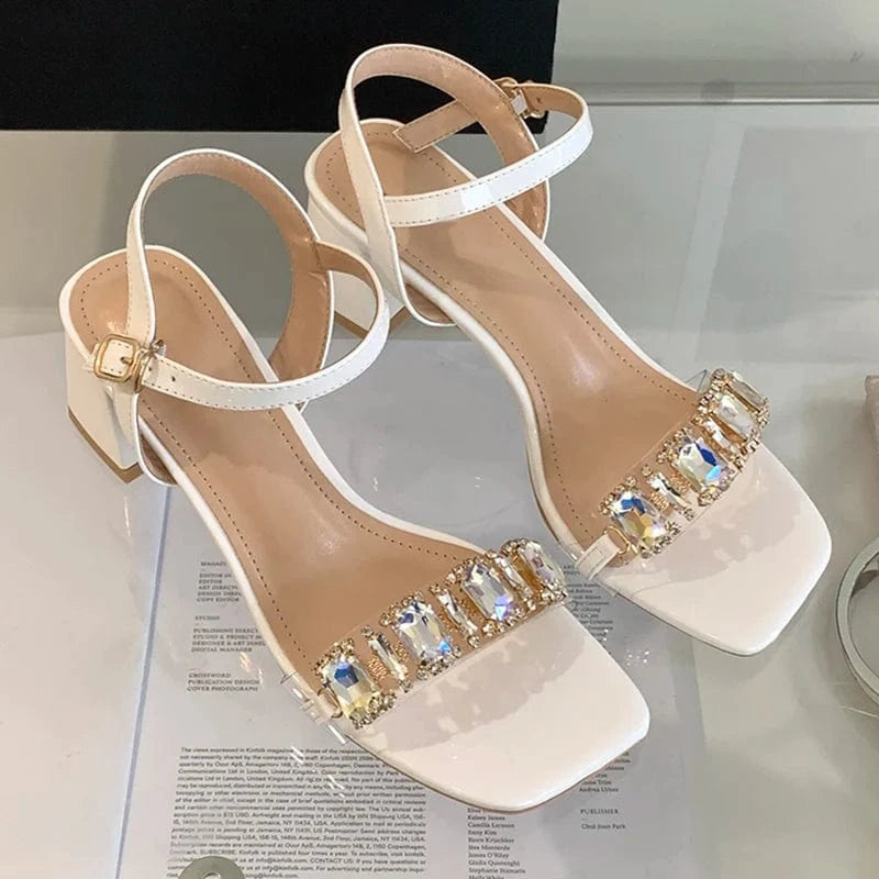 Aneikeh Women Patent Leather Buckle Lace Up Sandals Wedding Dress Summer Shiny Crystal Rhinestone Open Toe Thick Heels NEW 2023
