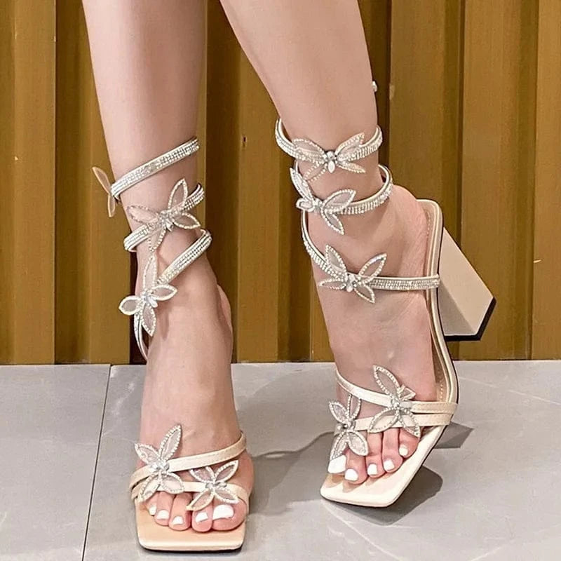 AneikehBlack Fashion Slip-On Cross-Tied Square Head Polka Dot Bling High Heel Butterfly-Knot Sandals Strap Shoes Summer NEW 2024
