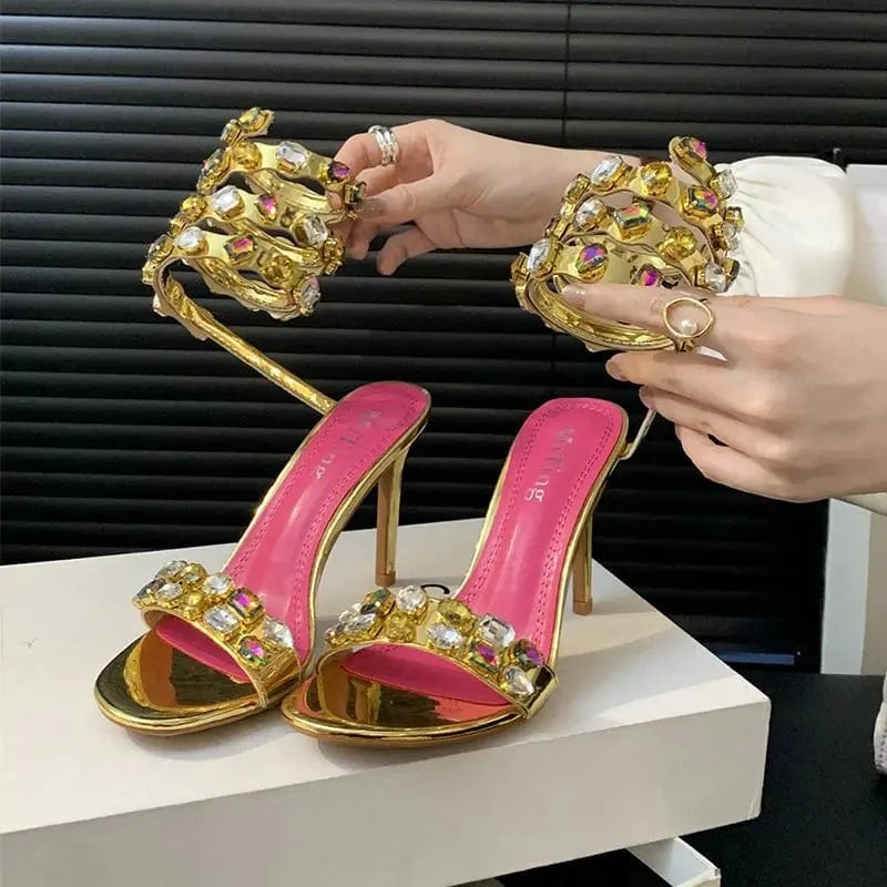 Ankle Chain Summer Open Toe Sexy Club Trendy Wrap Around 2024 Gold Heels