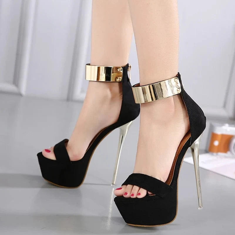 Ankle Strap Women Thin Heels Platform Sandals Party Shoes Women Wedding Pumps 16cm High Heels Sequined Gladiator Sandals Black