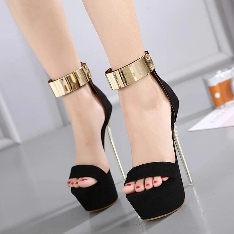 Ankle Strap Women Thin Heels Platform Sandals Party Shoes Women Wedding Pumps 16cm High Heels Sequined Gladiator Sandals Black