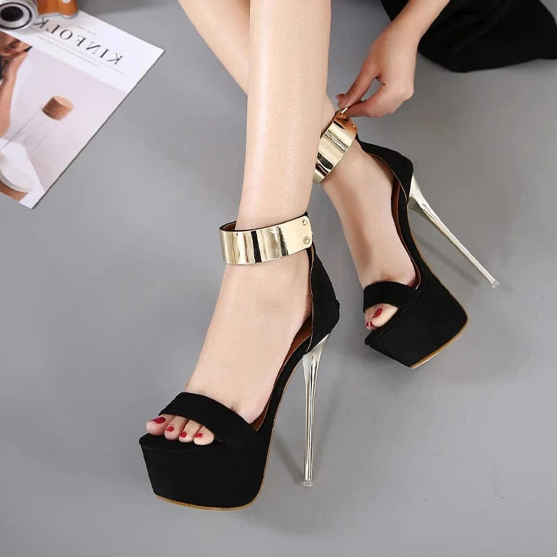 Ankle Strap Women Thin Heels Platform Sandals Party Shoes Women Wedding Pumps 16cm High Heels Sequined Gladiator Sandals Black